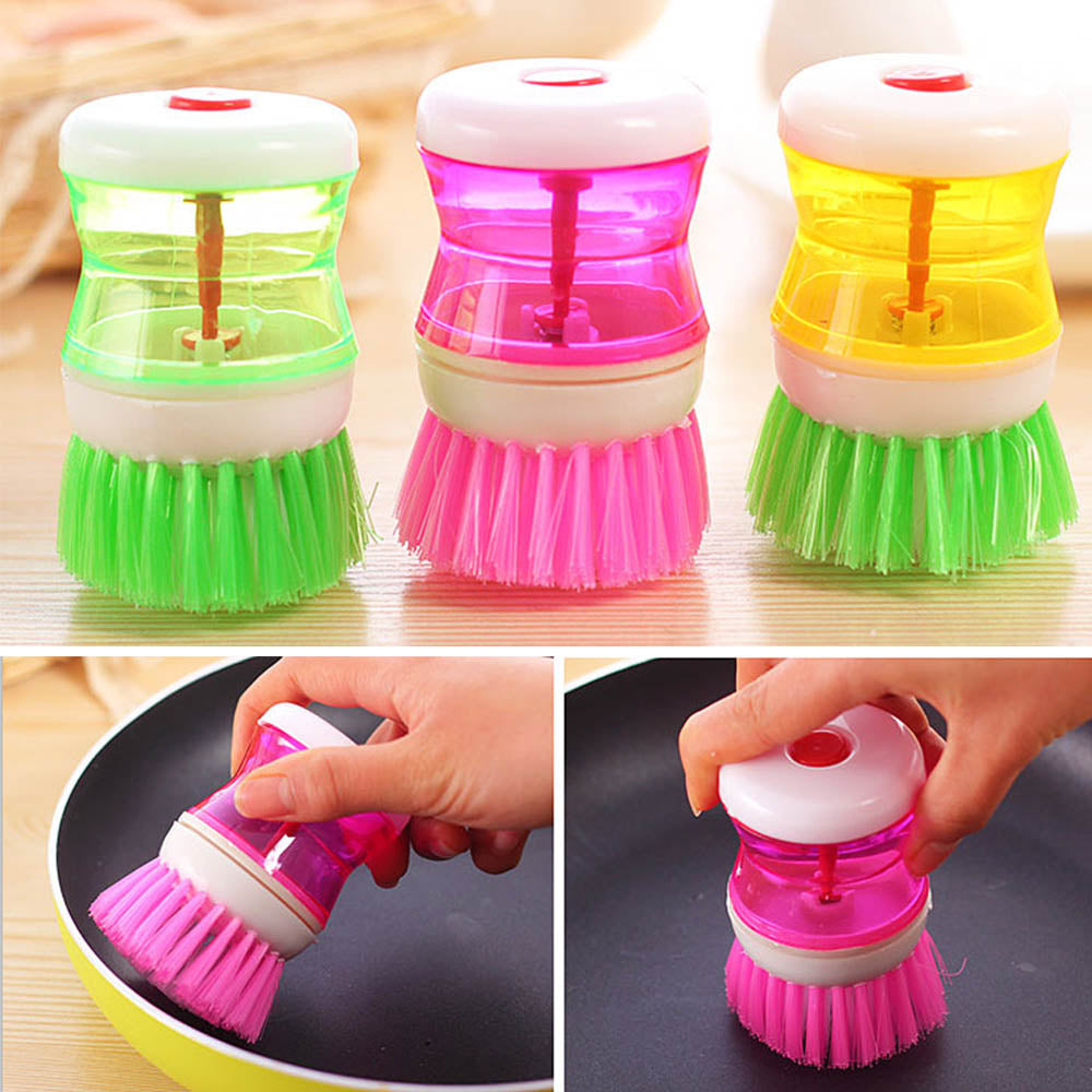 Kitchen Dish Cleaning Brush With Liquid Soap Dispenser Plastic Pot