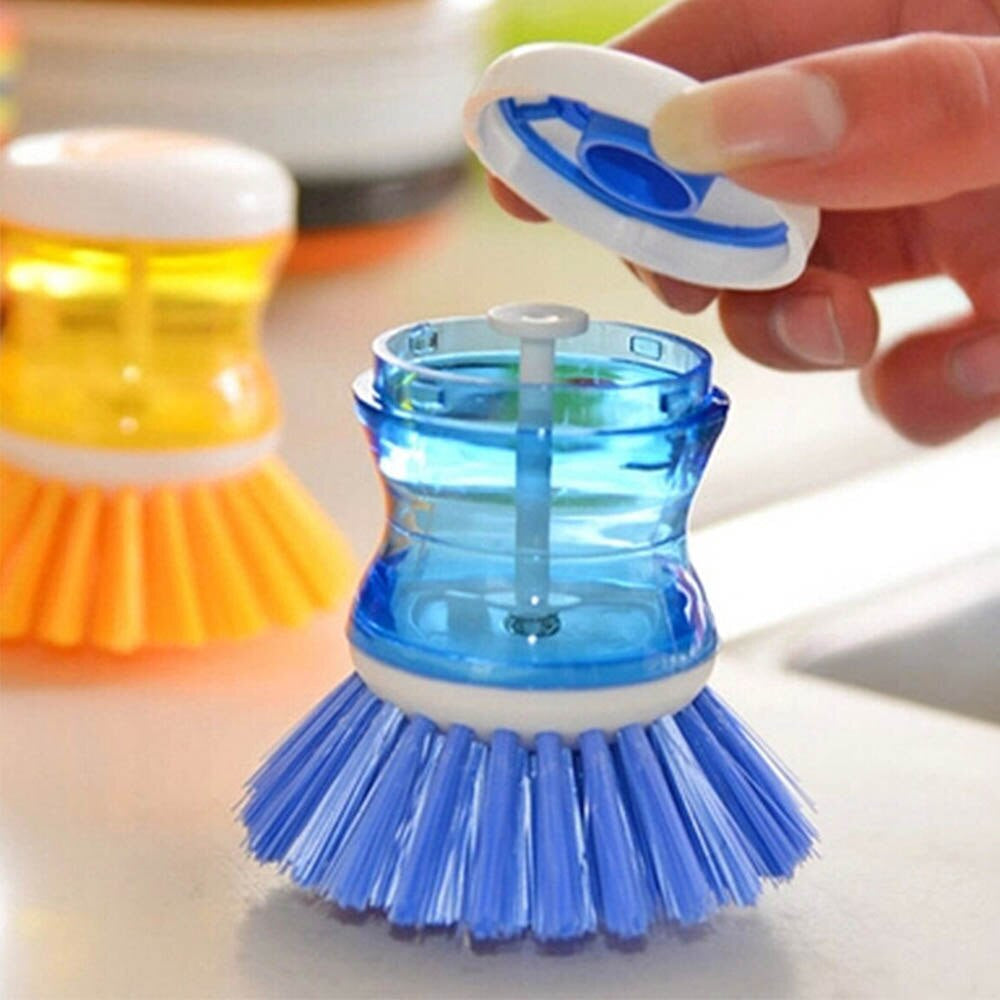 Kitchen Dish Cleaning Brush With Liquid Soap Dispenser Plastic Pot